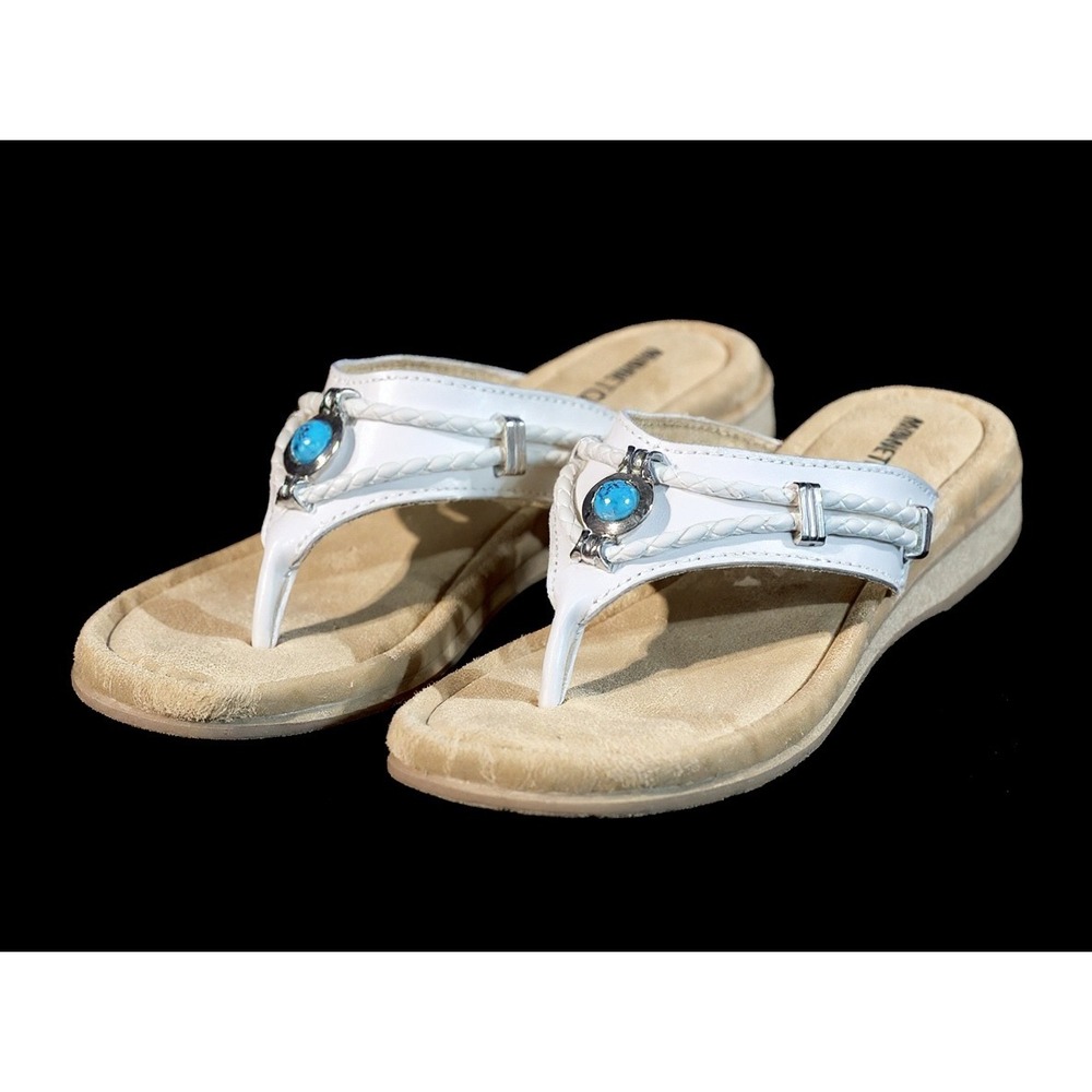 Minnetonka White Leather Sandal Turquoise Accent Women's Sz‎ 6 boho beach casual